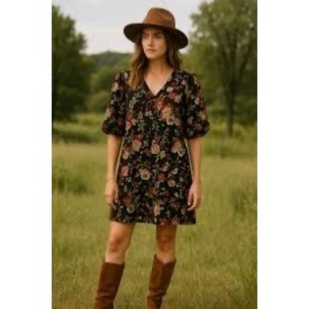 NWT Cynthia Rowley Linen Blend Black Floral Print Babydoll Dress Size S Bishop